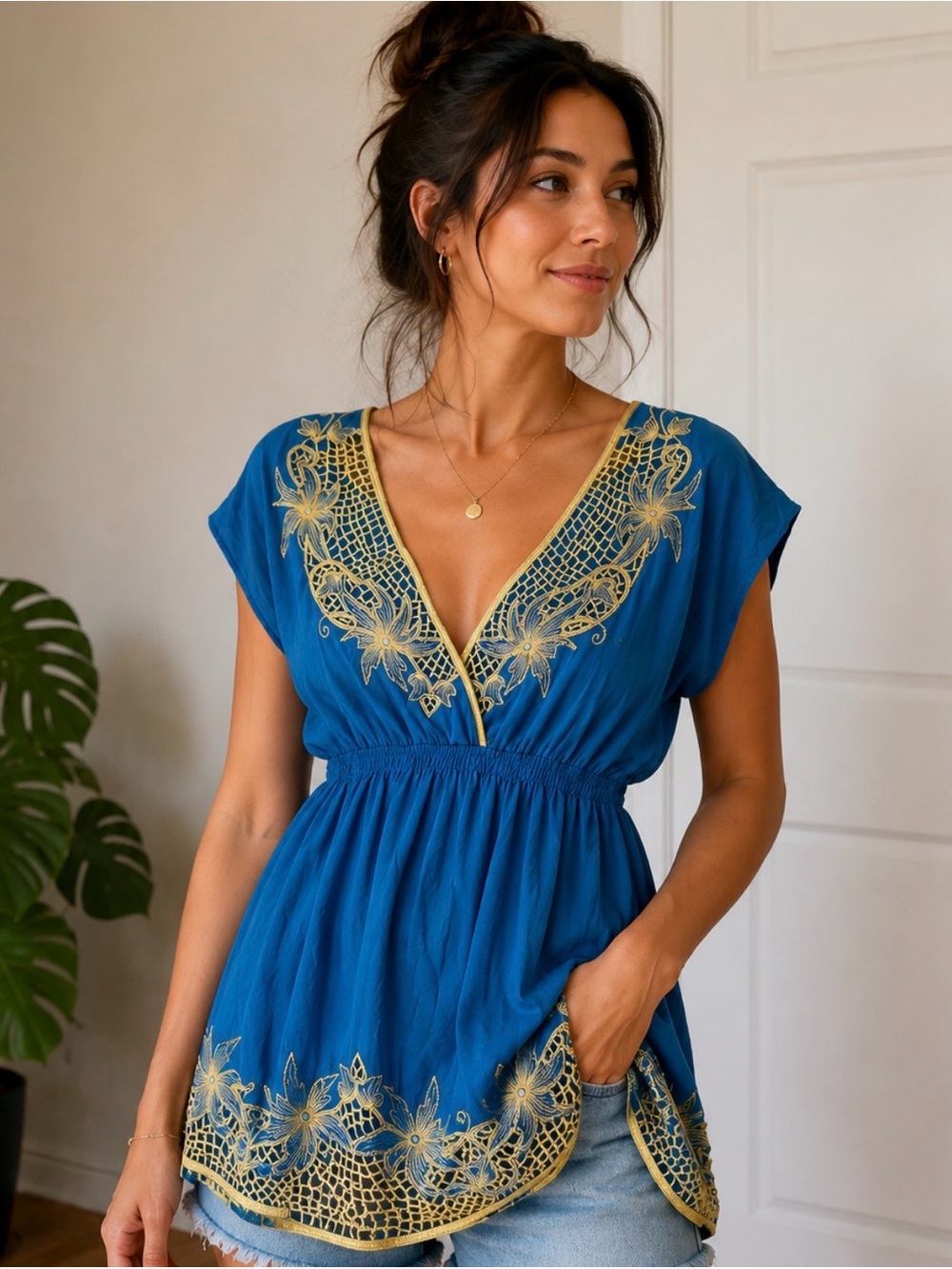 Boho Embroidered Tunic Top – Teal & Gold | Women’s Small